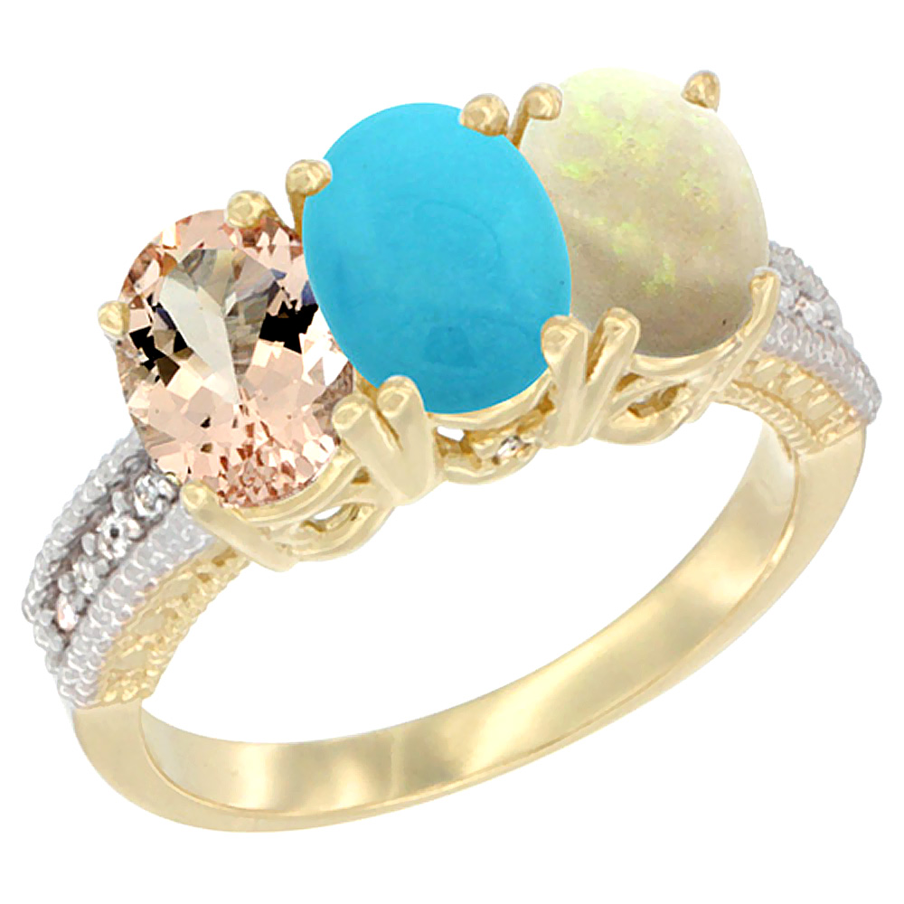 14K Yellow Gold Natural Morganite, Turquoise &amp; Opal Ring 3-Stone Oval 7x5 mm Diamond Accent, sizes 5 - 10