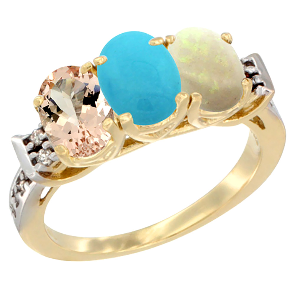 10K Yellow Gold Natural Morganite, Turquoise &amp; Opal Ring 3-Stone Oval 7x5 mm Diamond Accent, sizes 5 - 10