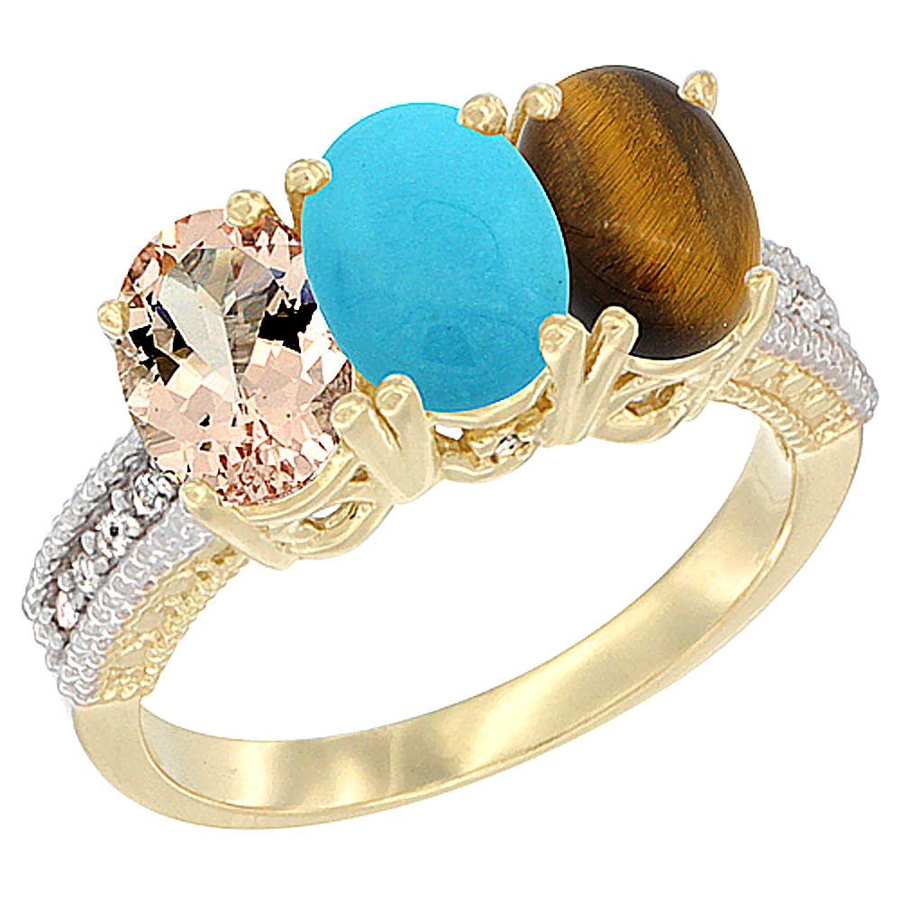 10K Yellow Gold Natural Morganite, Turquoise &amp; Tiger Eye Ring 3-Stone Oval 7x5 mm, sizes 5 - 10