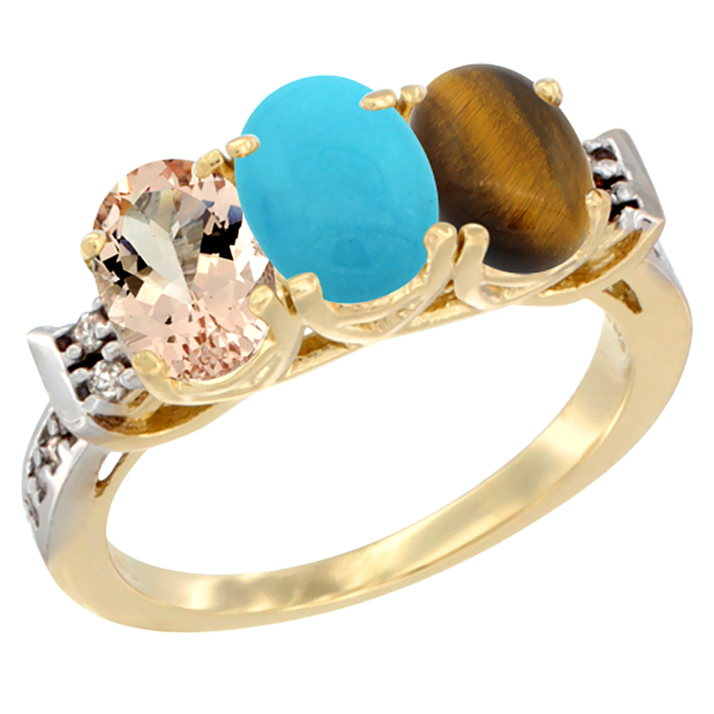 10K Yellow Gold Natural Morganite, Turquoise &amp; Tiger Eye Ring 3-Stone Oval 7x5 mm Diamond Accent, sizes 5 - 10