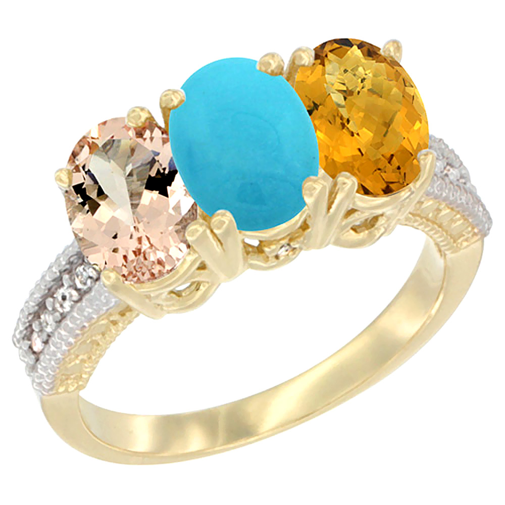 10K Yellow Gold Natural Morganite, Turquoise &amp; Whisky Quartz Ring 3-Stone Oval 7x5 mm, sizes 5 - 10