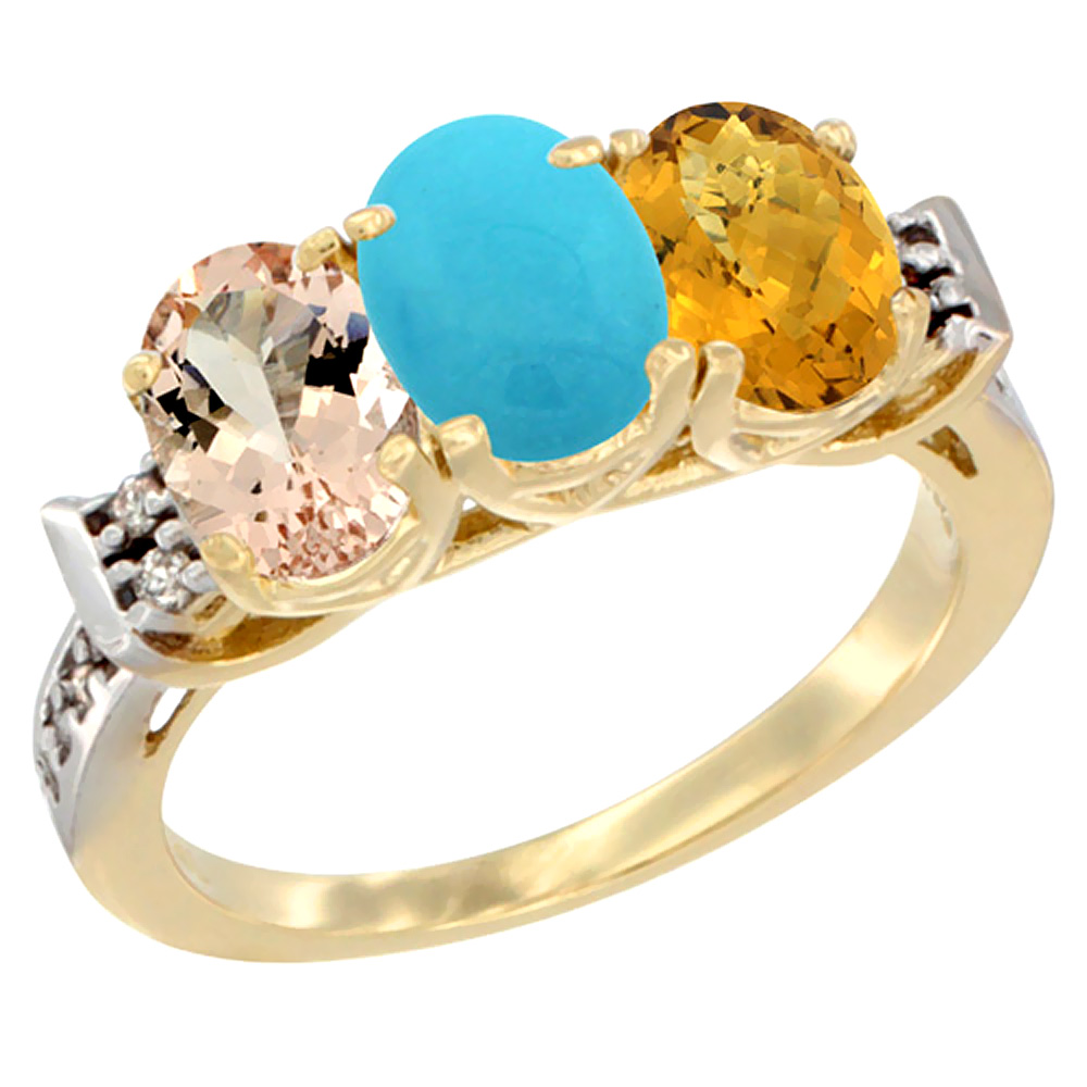 10K Yellow Gold Natural Morganite, Turquoise &amp; Whisky Quartz Ring 3-Stone Oval 7x5 mm Diamond Accent, sizes 5 - 10
