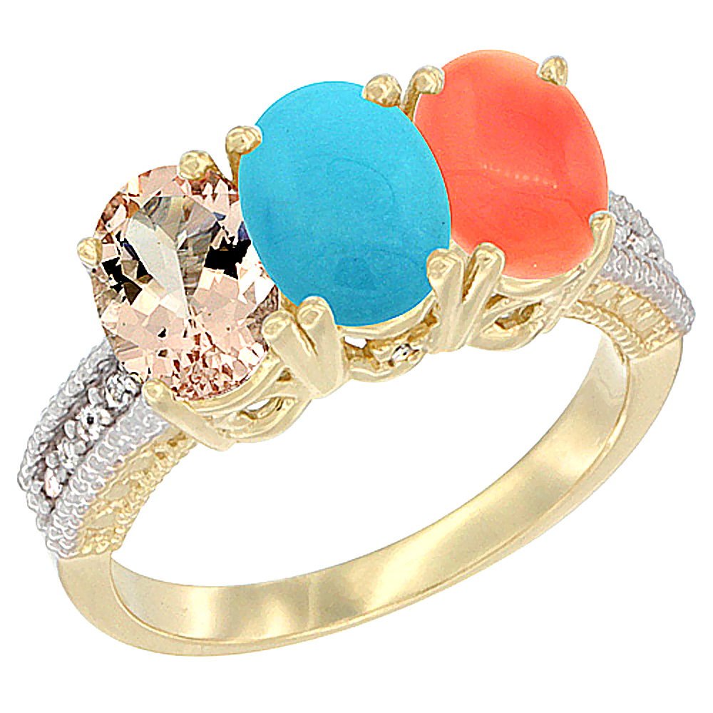 10K Yellow Gold Natural Morganite, Turquoise &amp; Coral Ring 3-Stone Oval 7x5 mm, sizes 5 - 10