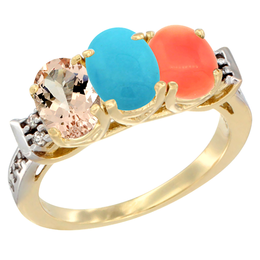 10K Yellow Gold Natural Morganite, Turquoise & Coral Ring 3-Stone Oval 7x5 mm Diamond Accent, sizes 5 - 10