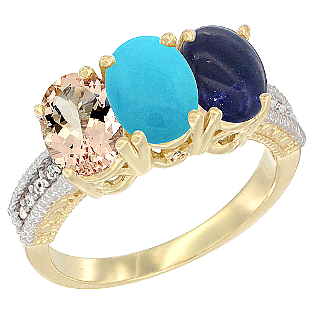 10K Yellow Gold Natural Morganite, Turquoise &amp; Lapis Ring 3-Stone Oval 7x5 mm, sizes 5 - 10