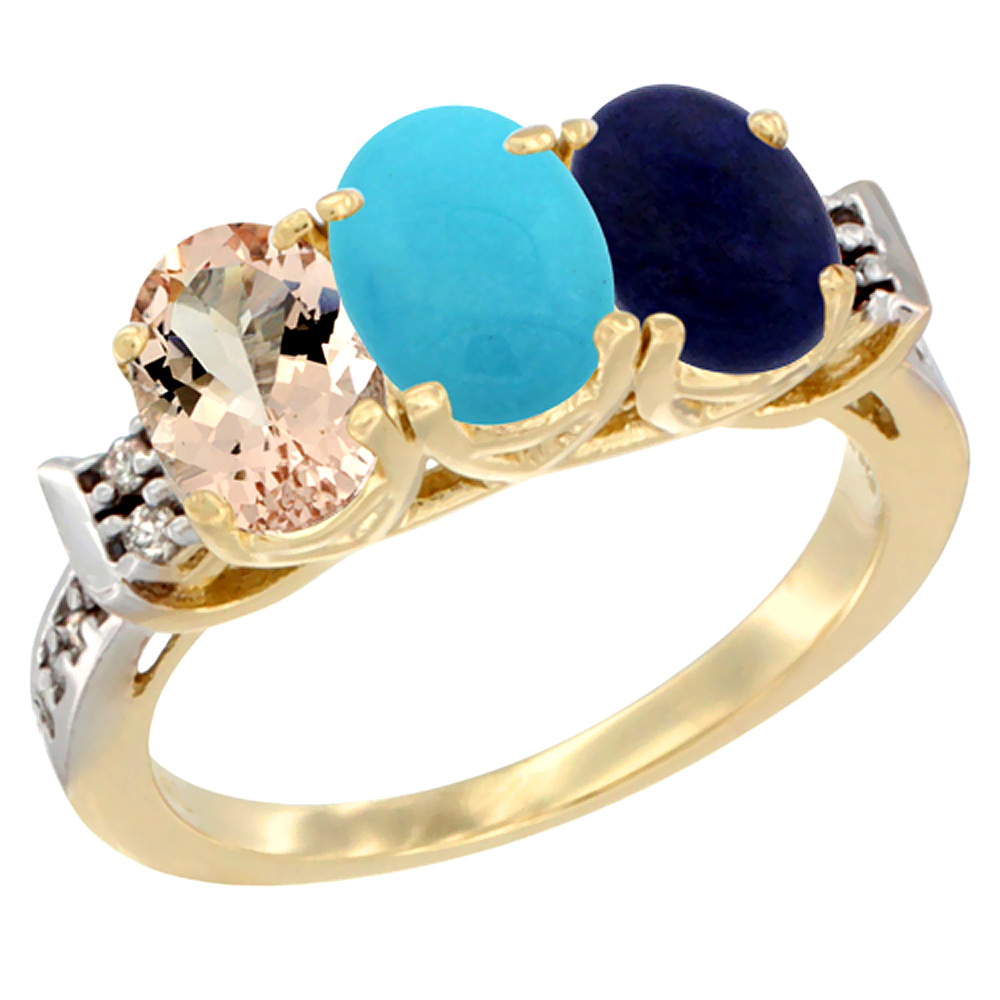 10K Yellow Gold Natural Morganite, Turquoise &amp; Lapis Ring 3-Stone Oval 7x5 mm Diamond Accent, sizes 5 - 10