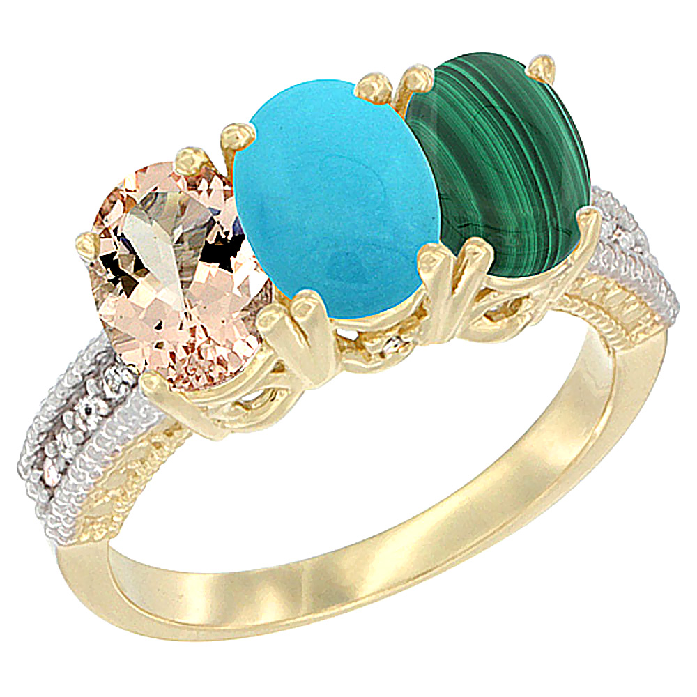 14K Yellow Gold Natural Morganite, Turquoise &amp; Malachite Ring 3-Stone Oval 7x5 mm Diamond Accent, sizes 5 - 10