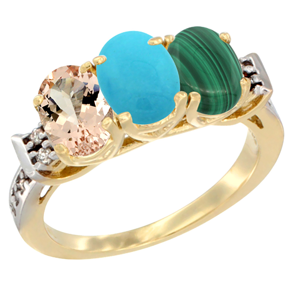 10K Yellow Gold Natural Morganite, Turquoise &amp; Malachite Ring 3-Stone Oval 7x5 mm Diamond Accent, sizes 5 - 10