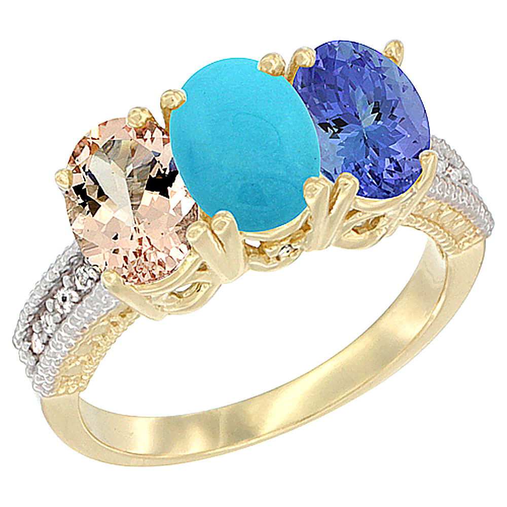 14K Yellow Gold Natural Morganite, Turquoise &amp; Tanzanite Ring 3-Stone Oval 7x5 mm Diamond Accent, sizes 5 - 10