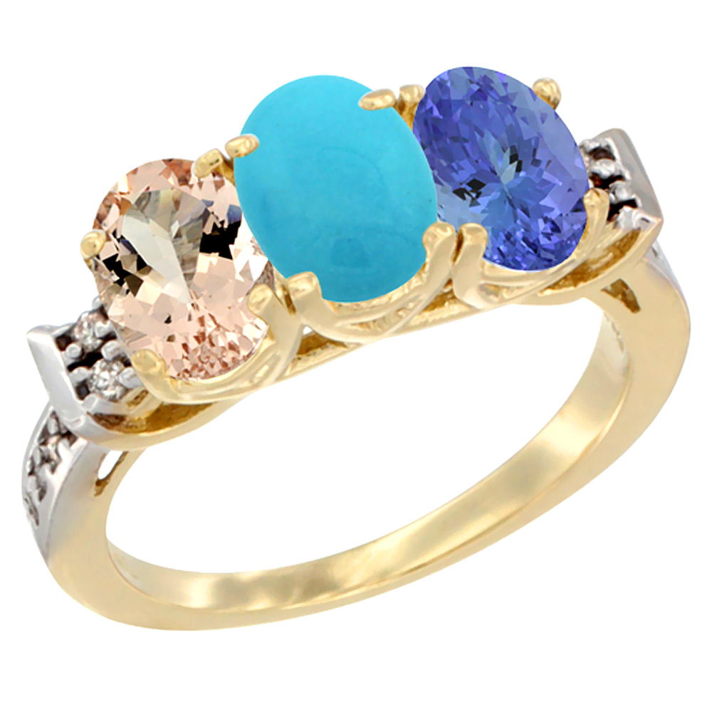 10K Yellow Gold Natural Morganite, Turquoise & Tanzanite Ring 3-Stone Oval 7x5 mm Diamond Accent, sizes 5 - 10