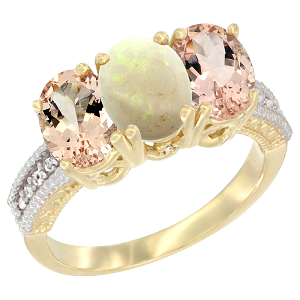 10K Yellow Gold Natural Opal &amp; Morganite Ring 3-Stone Oval 7x5 mm, sizes 5 - 10