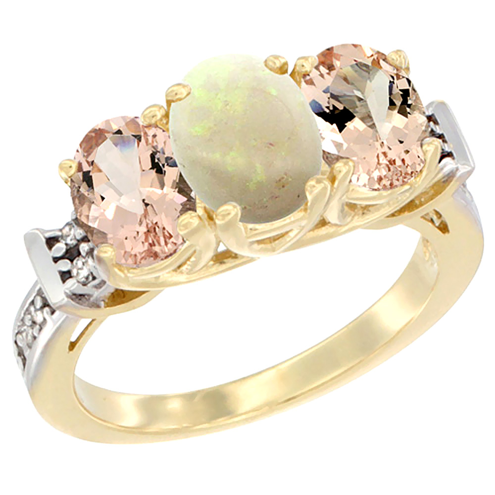 10K Yellow Gold Natural Opal & Morganite Sides Ring 3-Stone Oval Diamond Accent, sizes 5 - 10