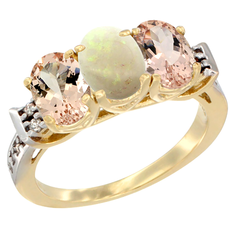 10K Yellow Gold Natural Opal &amp; Morganite Sides Ring 3-Stone Oval 7x5 mm Diamond Accent, sizes 5 - 10
