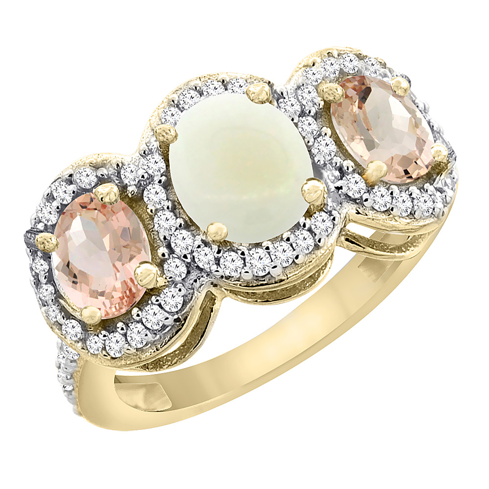 10K Yellow Gold Natural Opal & Morganite 3-Stone Ring Oval Diamond Accent, sizes 5 - 10