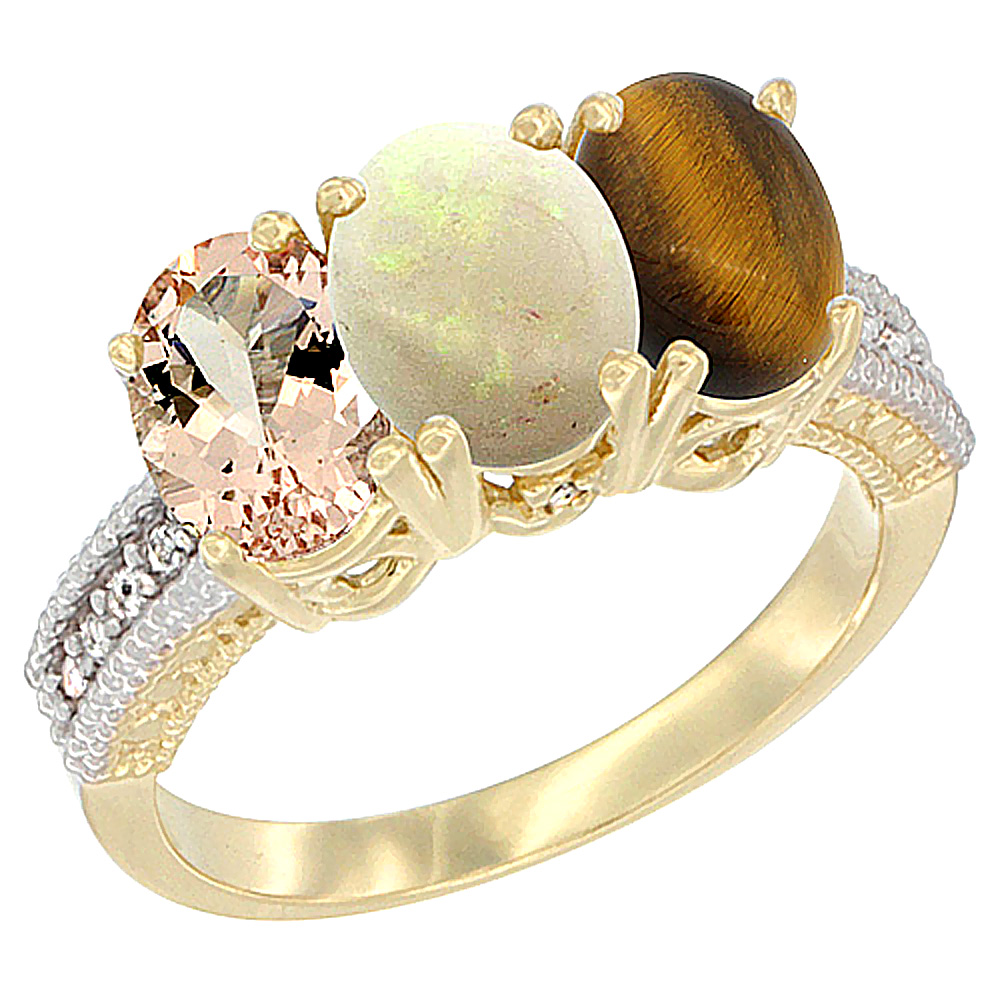 14K Yellow Gold Natural Morganite, Opal &amp; Tiger Eye Ring 3-Stone Oval 7x5 mm Diamond Accent, sizes 5 - 10