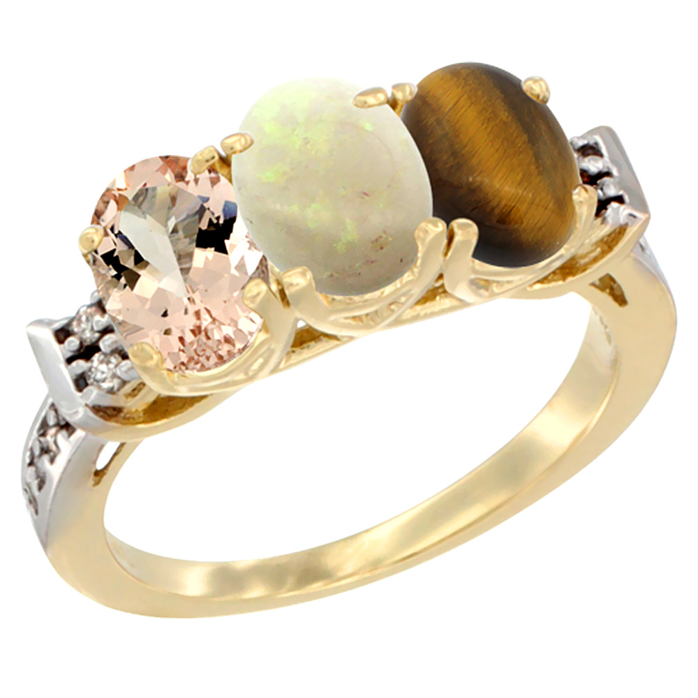 10K Yellow Gold Natural Morganite, Opal & Tiger Eye Ring 3-Stone Oval 7x5 mm Diamond Accent, sizes 5 - 10
