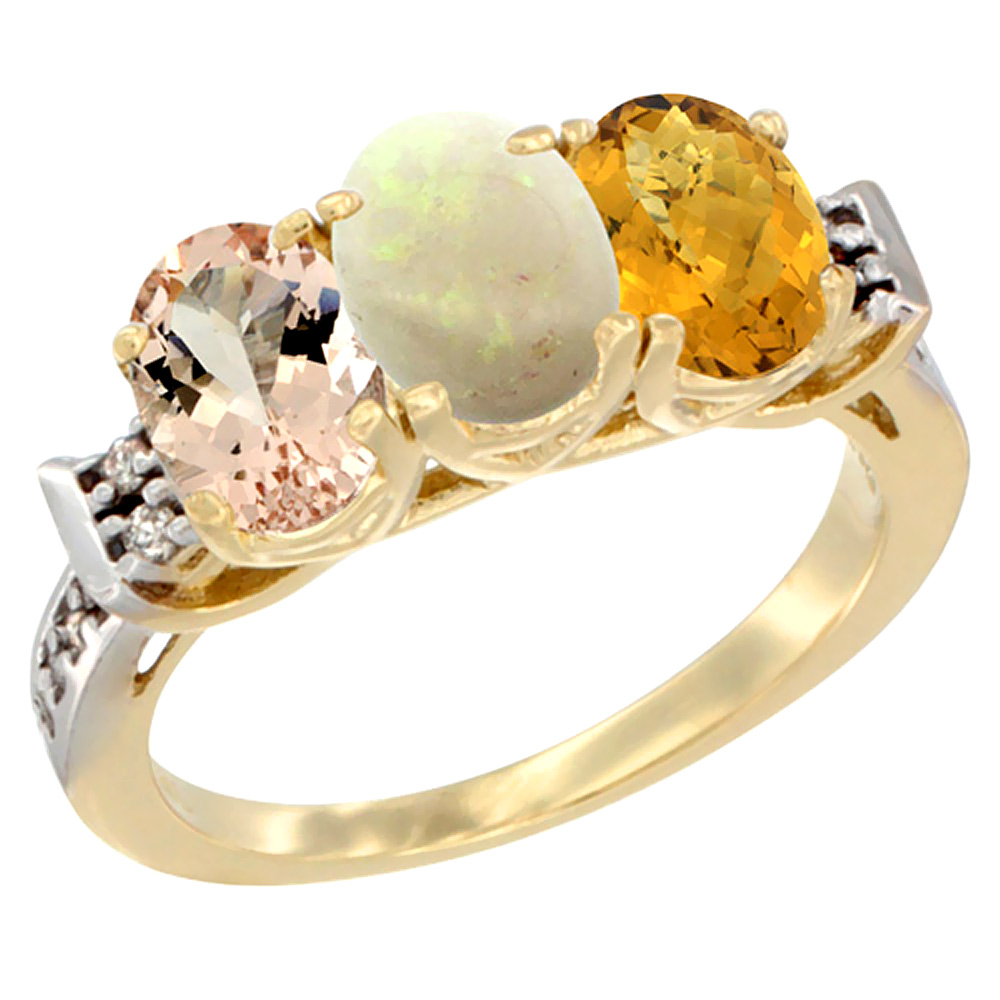 10K Yellow Gold Natural Morganite, Opal &amp; Whisky Quartz Ring 3-Stone Oval 7x5 mm Diamond Accent, sizes 5 - 10