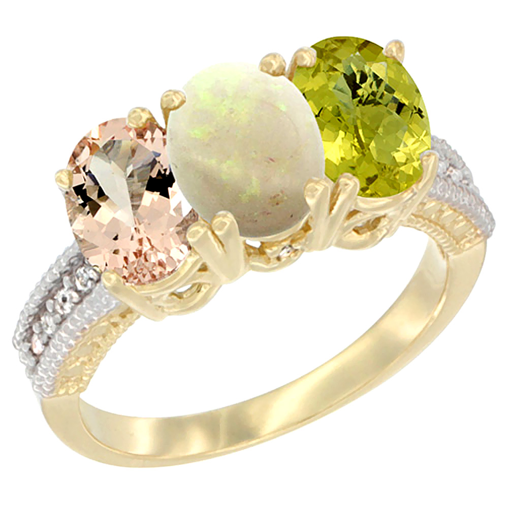 14K Yellow Gold Natural Morganite, Opal & Lemon Quartz Ring 3-Stone Oval 7x5 mm Diamond Accent, sizes 5 - 10