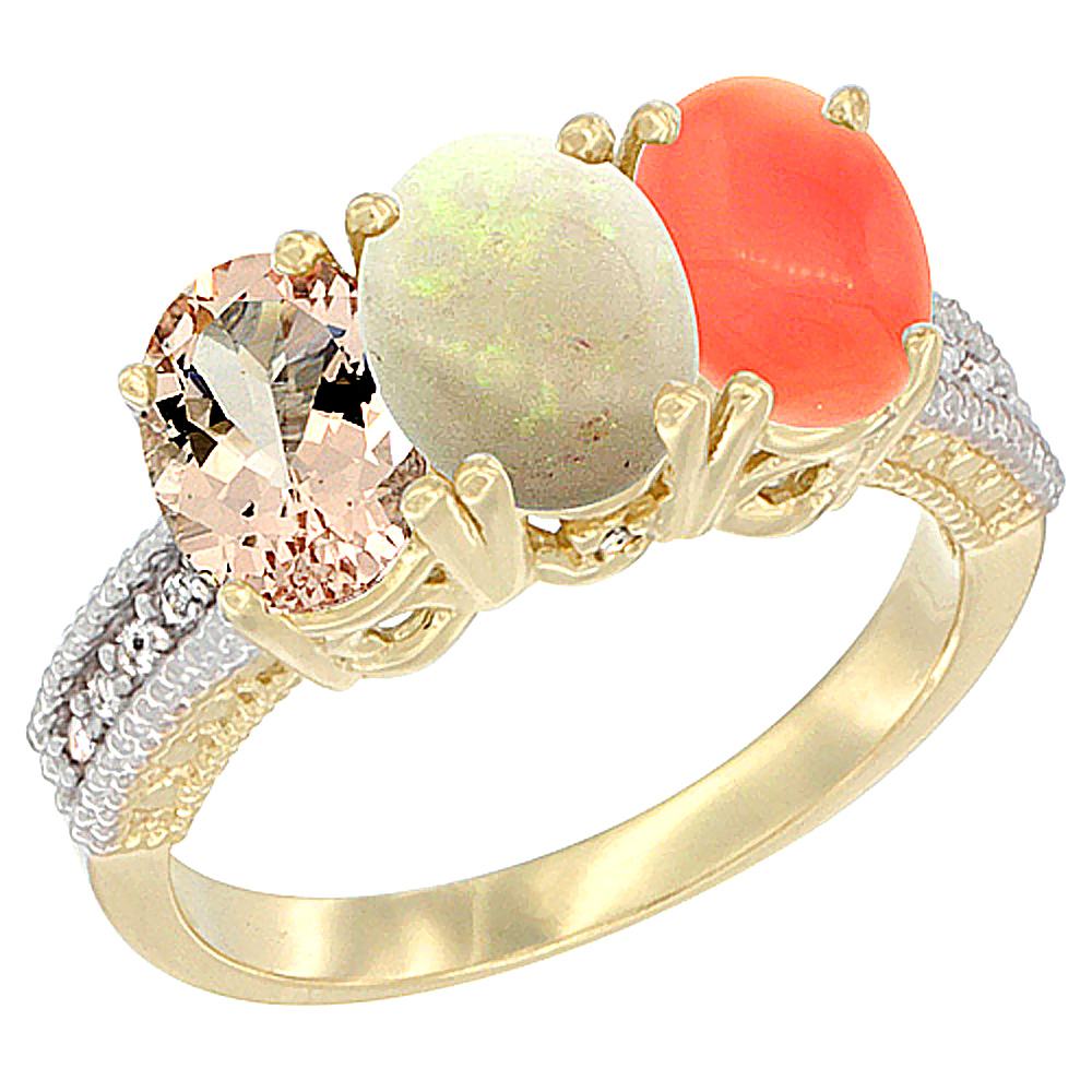 14K Yellow Gold Natural Morganite, Opal &amp; Coral Ring 3-Stone Oval 7x5 mm Diamond Accent, sizes 5 - 10