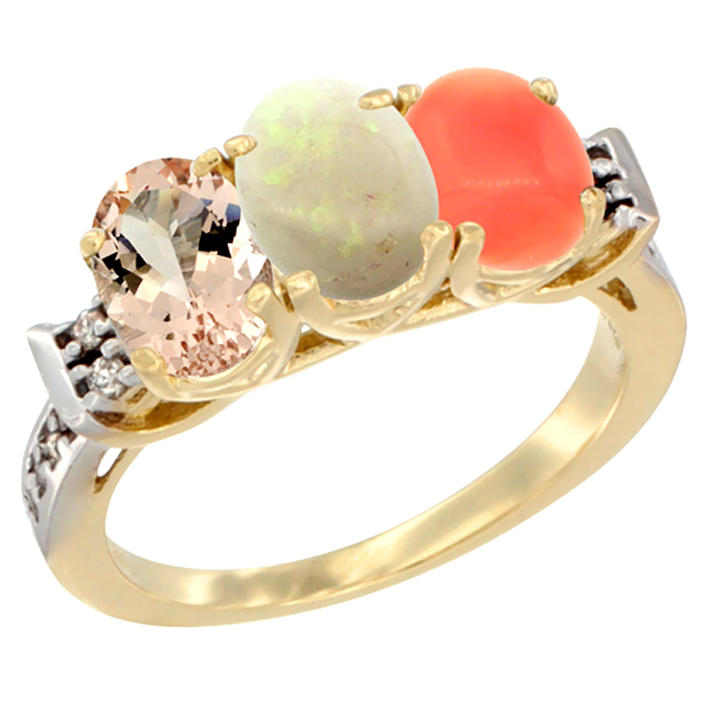 14K Yellow Gold Natural Morganite, Opal &amp; Coral Ring 3-Stone Oval 7x5 mm Diamond Accent, sizes 5 - 10