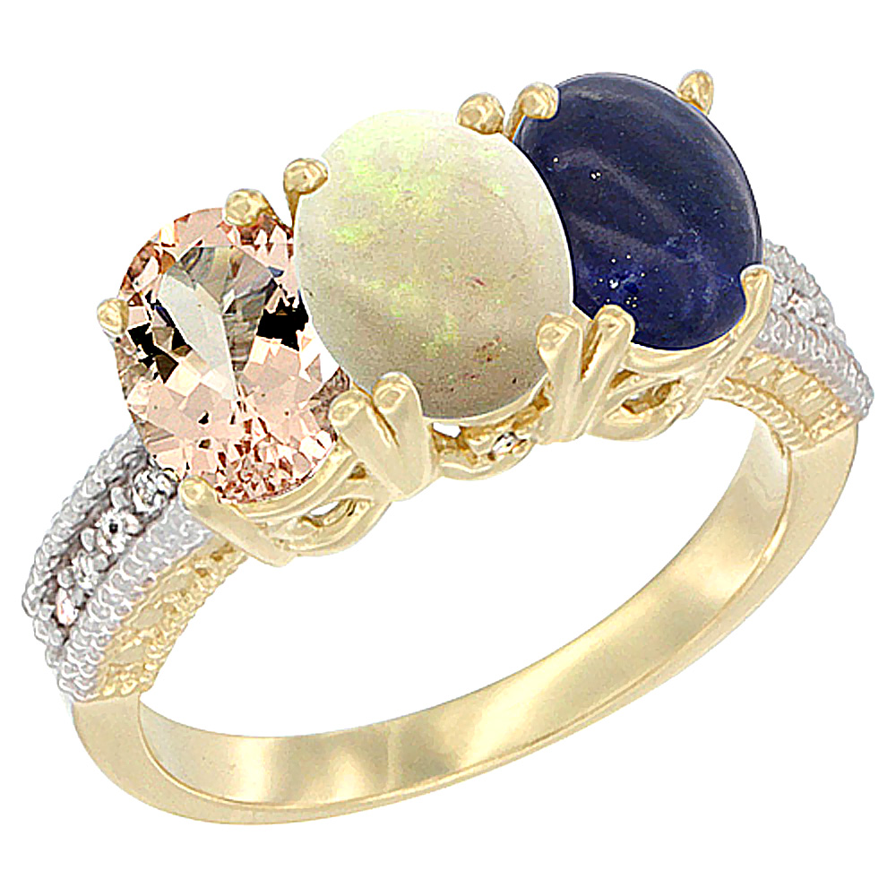 10K Yellow Gold Natural Morganite, Opal &amp; Lapis Ring 3-Stone Oval 7x5 mm, sizes 5 - 10