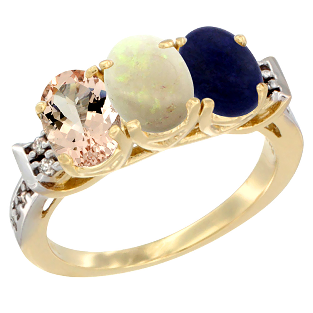 10K Yellow Gold Natural Morganite, Opal &amp; Lapis Ring 3-Stone Oval 7x5 mm Diamond Accent, sizes 5 - 10