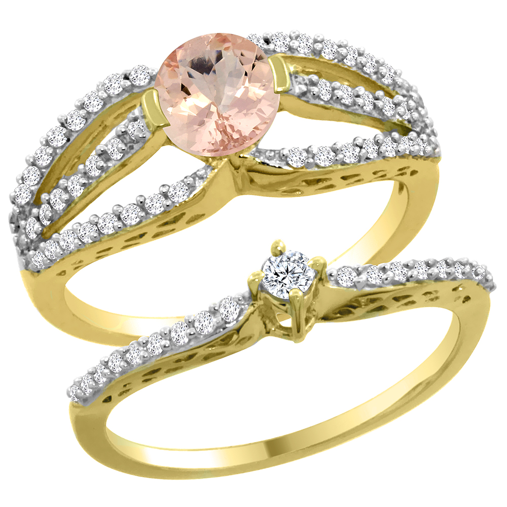 14K Yellow Gold Natural Morganite 2-piece Engagement Ring Set Round 5mm, sizes 5 - 10