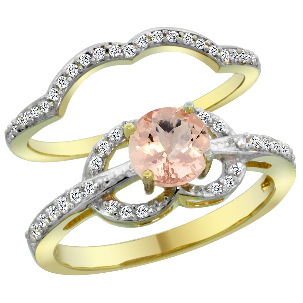 14K Yellow Gold Natural Morganite 2-piece Engagement Ring Set Round 6mm, sizes 5 - 10