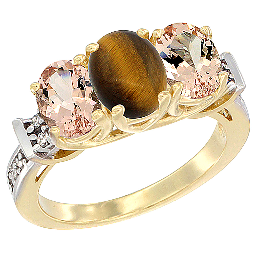 14K Yellow Gold Natural Tiger Eye & Morganite Sides Ring 3-Stone Oval Diamond Accent, sizes 5 - 10