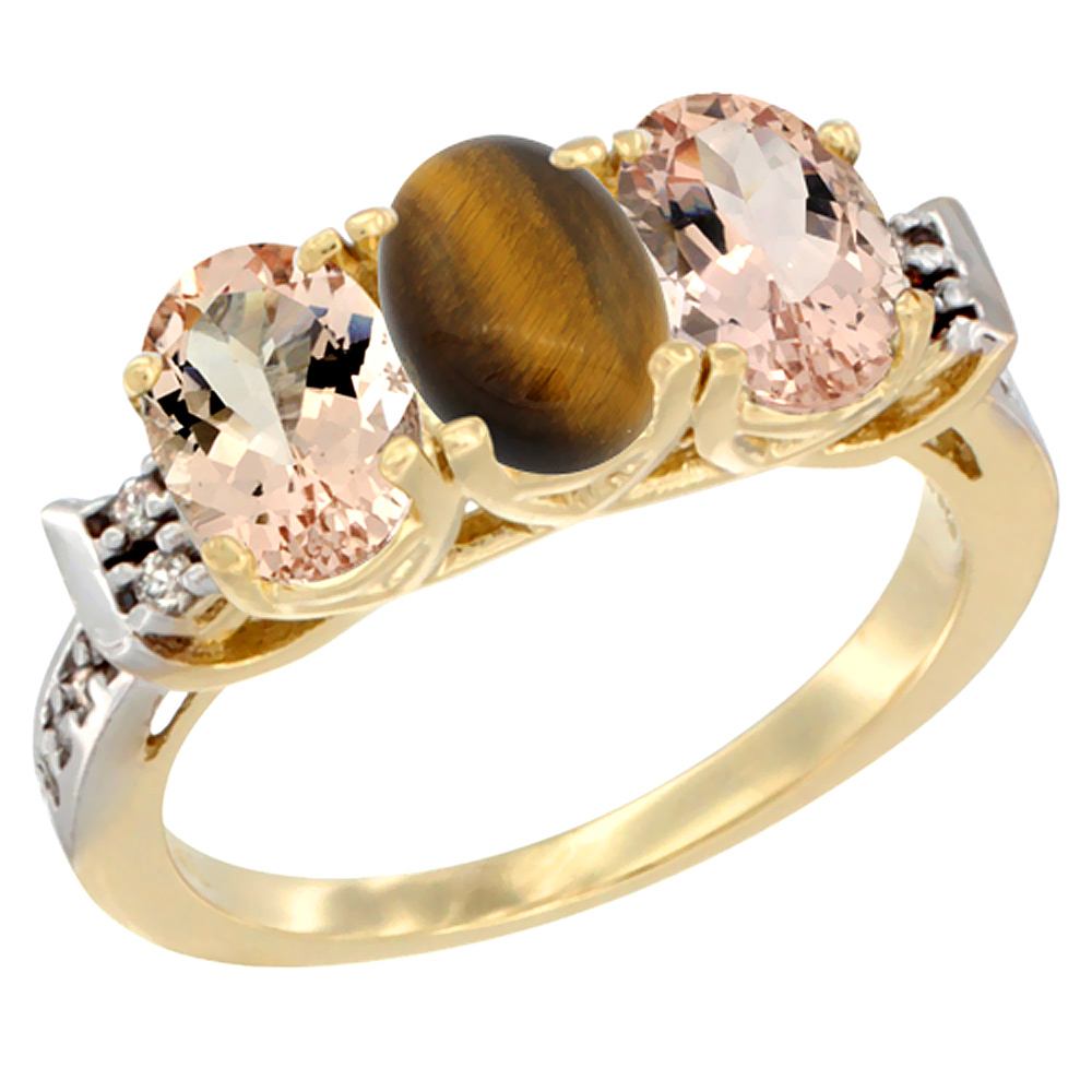 14K Yellow Gold Natural Tiger Eye &amp; Morganite Sides Ring 3-Stone Oval 7x5 mm Diamond Accent, sizes 5 - 10