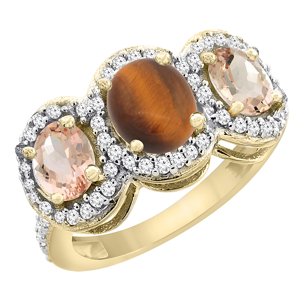 10K Yellow Gold Natural Tiger Eye &amp; Morganite 3-Stone Ring Oval Diamond Accent, sizes 5 - 10