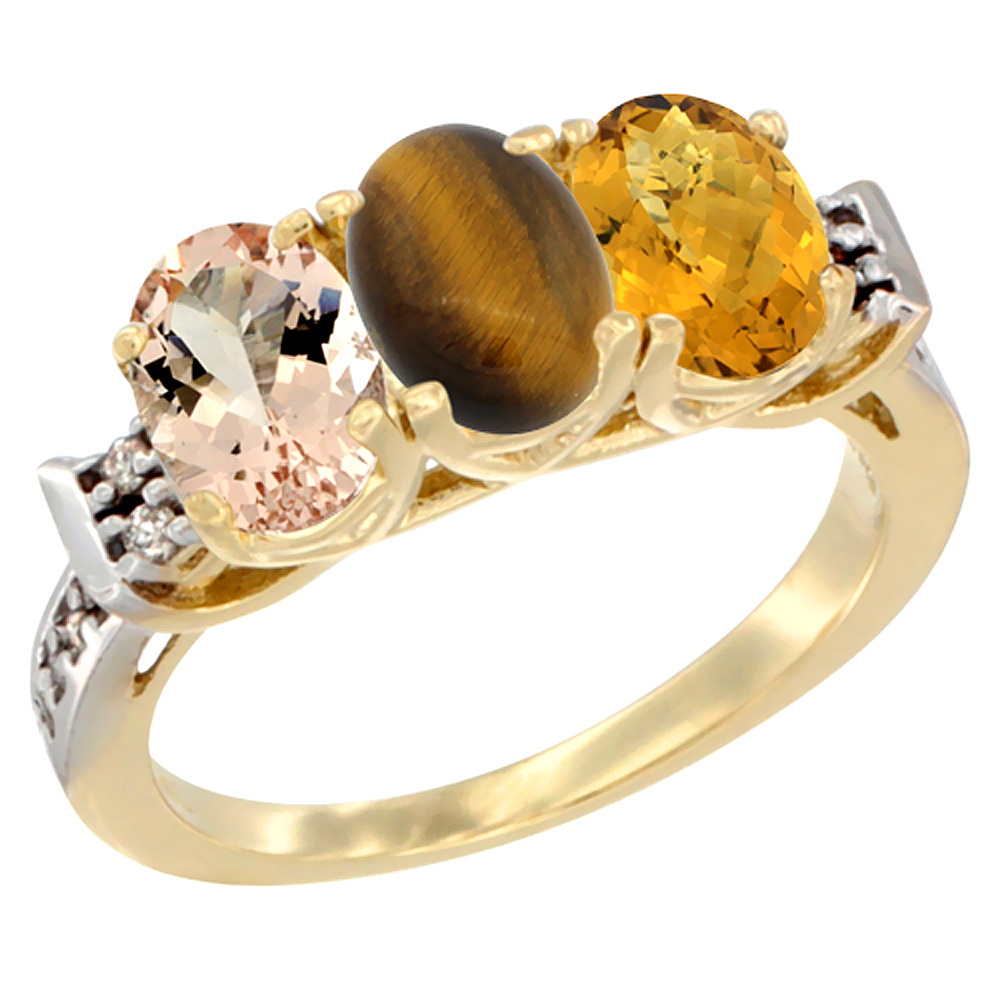 10K Yellow Gold Natural Morganite, Tiger Eye &amp; Whisky Quartz Ring 3-Stone Oval 7x5 mm Diamond Accent, sizes 5 - 10