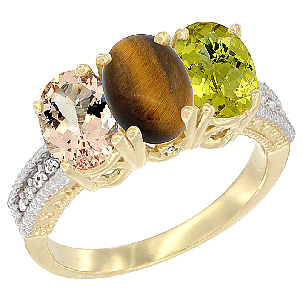 14K Yellow Gold Natural Morganite, Tiger Eye &amp; Lemon Quartz Ring 3-Stone Oval 7x5 mm Diamond Accent, sizes 5 - 10