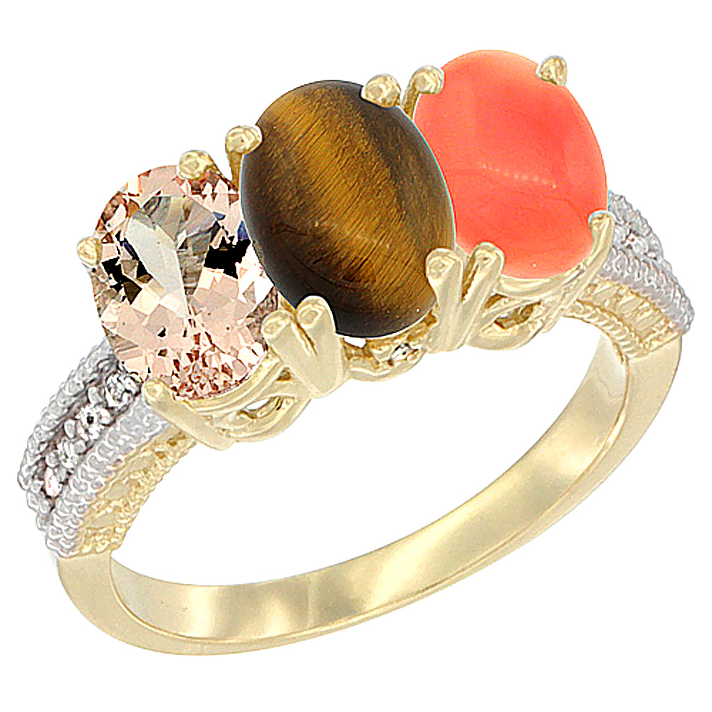 10K Yellow Gold Natural Morganite, Tiger Eye &amp; Coral Ring 3-Stone Oval 7x5 mm, sizes 5 - 10