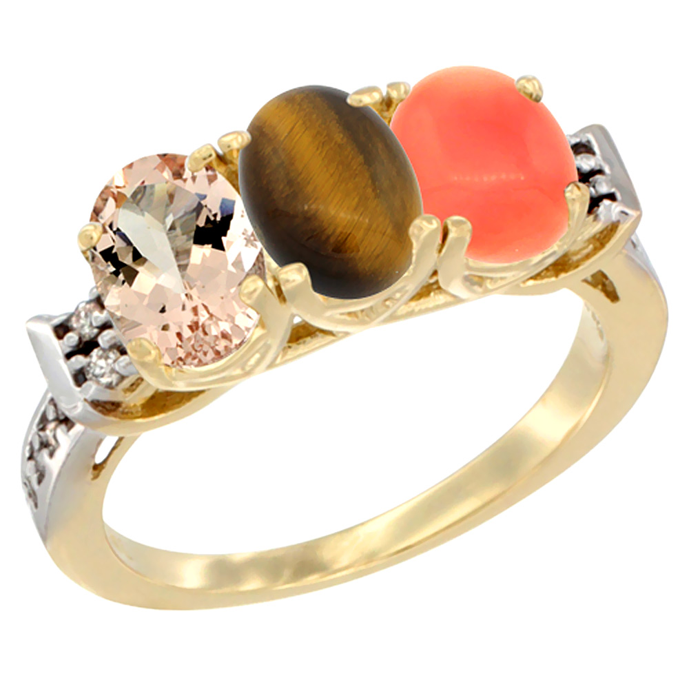 10K Yellow Gold Natural Morganite, Tiger Eye &amp; Coral Ring 3-Stone Oval 7x5 mm Diamond Accent, sizes 5 - 10