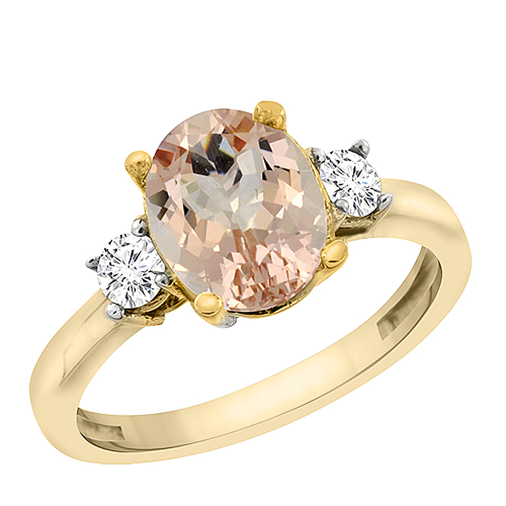 14K Yellow Gold Natural Morganite Engagement Ring Oval 10x8 mm Diamond Sides, sizes 5 - 10