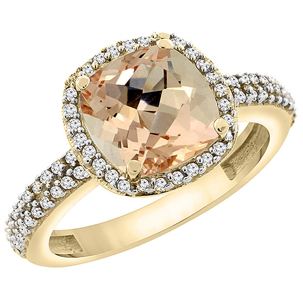 14K Yellow Gold Natural Morganite Cushion 8x8 mm with Diamond Accents, sizes 5 - 10