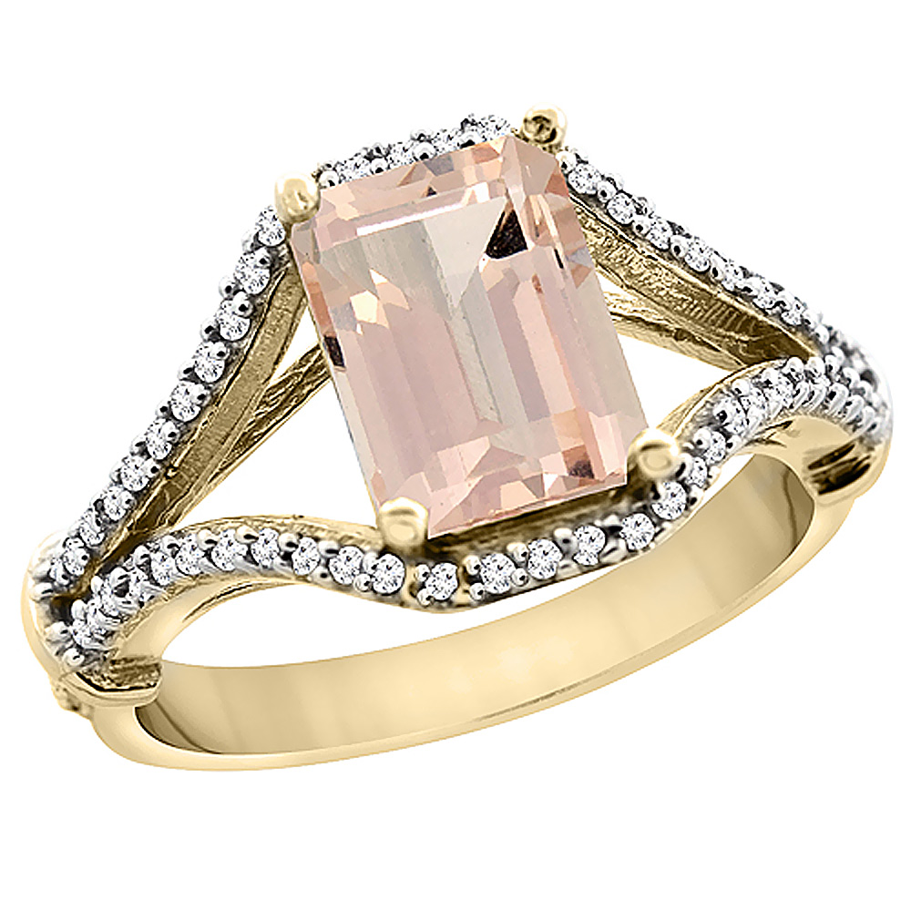 10K Yellow Gold Natural Morganite Ring Octagon 8x6 mm with Diamond Accents, sizes 5 - 10