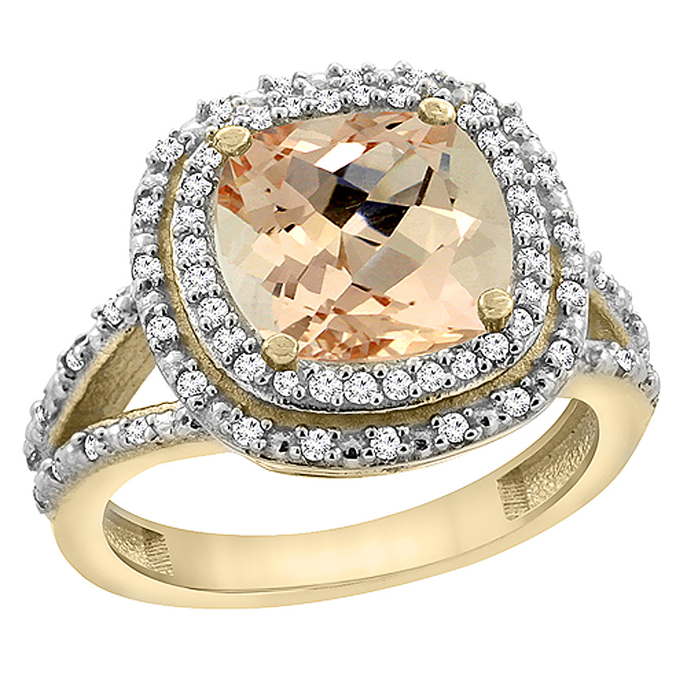 10K Yellow Gold Natural Morganite Ring Cushion 8x8 mm with Diamond Accents, sizes 5 - 10