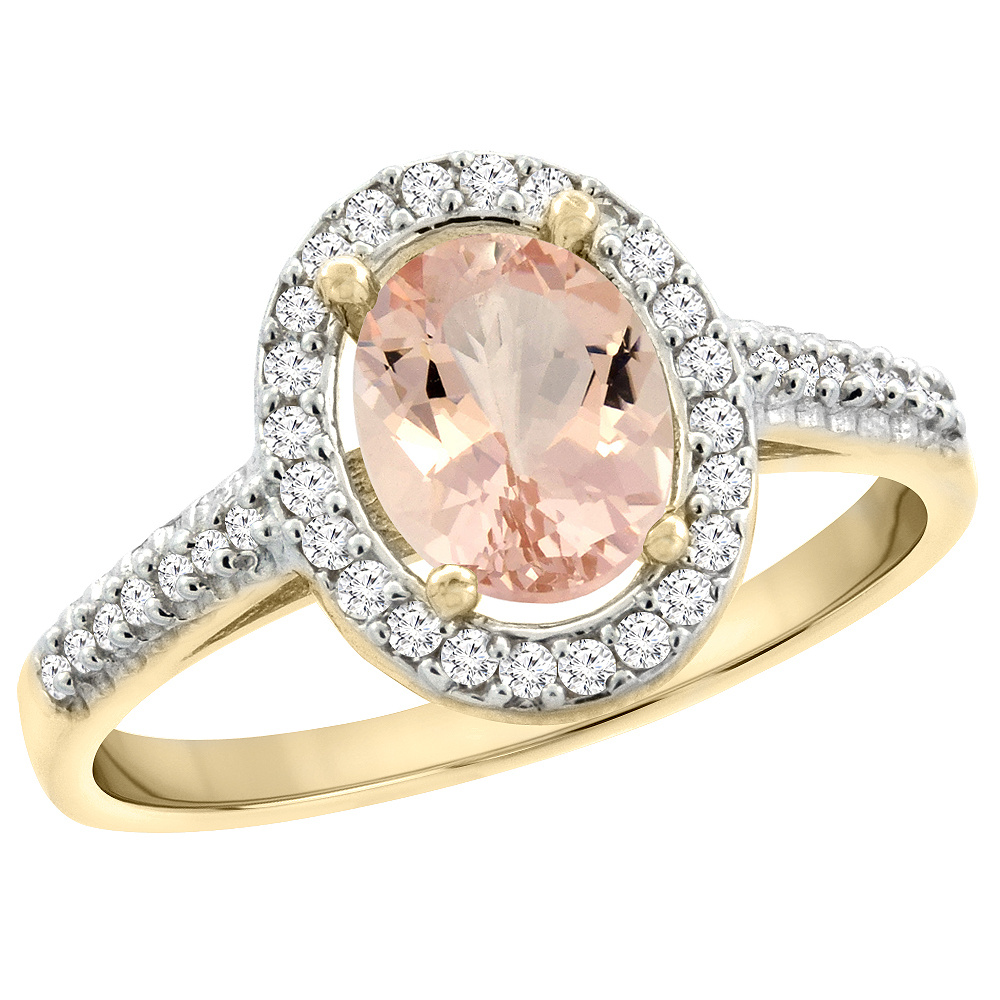 14K Yellow Gold Natural Morganite Engagement Ring Oval 7x5 mm Diamond Halo, sizes 5 - 10