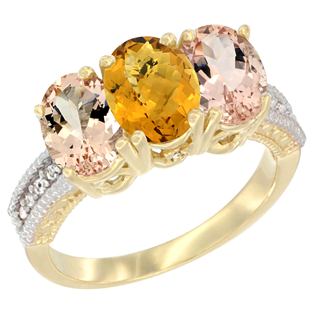 14K Yellow Gold Natural Whisky Quartz & Morganite Sides Ring 3-Stone Oval 7x5 mm Diamond Accent, sizes 5 - 10