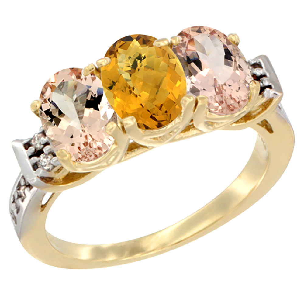 10K Yellow Gold Natural Whisky Quartz & Morganite Sides Ring 3-Stone Oval 7x5 mm Diamond Accent, sizes 5 - 10