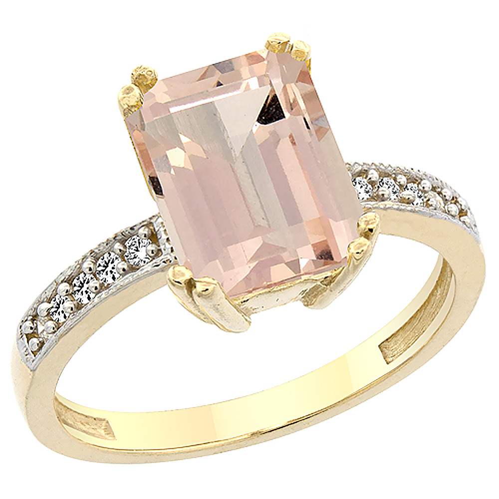 14K Yellow Gold Natural Morganite Ring Octagon 10x8mm Diamond Accent, sizes 5 to 10