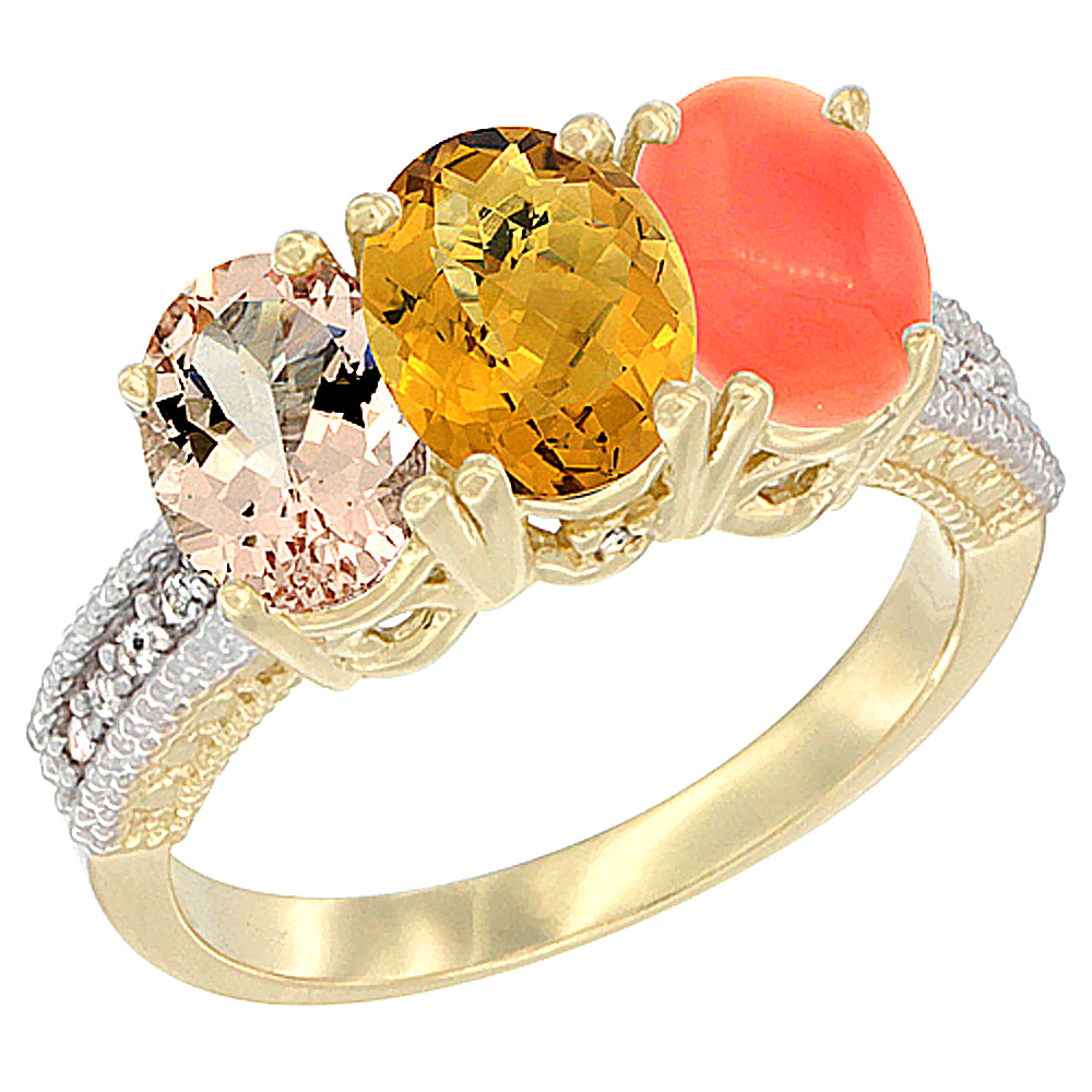 10K Yellow Gold Natural Morganite, Whisky Quartz &amp; Coral Ring 3-Stone Oval 7x5 mm, sizes 5 - 10