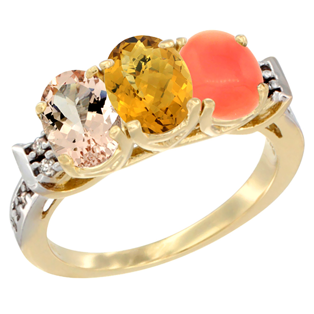 10K Yellow Gold Natural Morganite, Whisky Quartz &amp; Coral Ring 3-Stone Oval 7x5 mm Diamond Accent, sizes 5 - 10