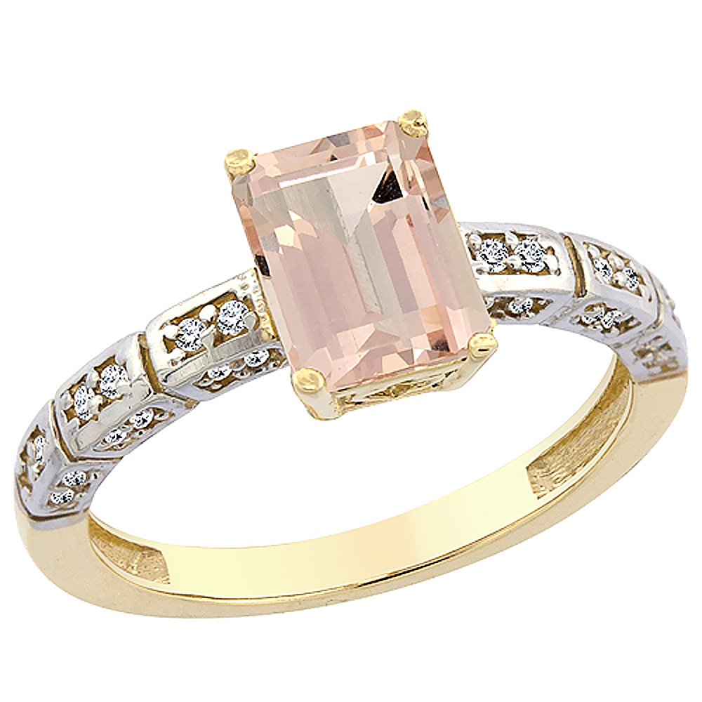 14K Yellow Gold Natural Morganite Octagon 8x6 mm with Diamond Accents, sizes 5 - 10
