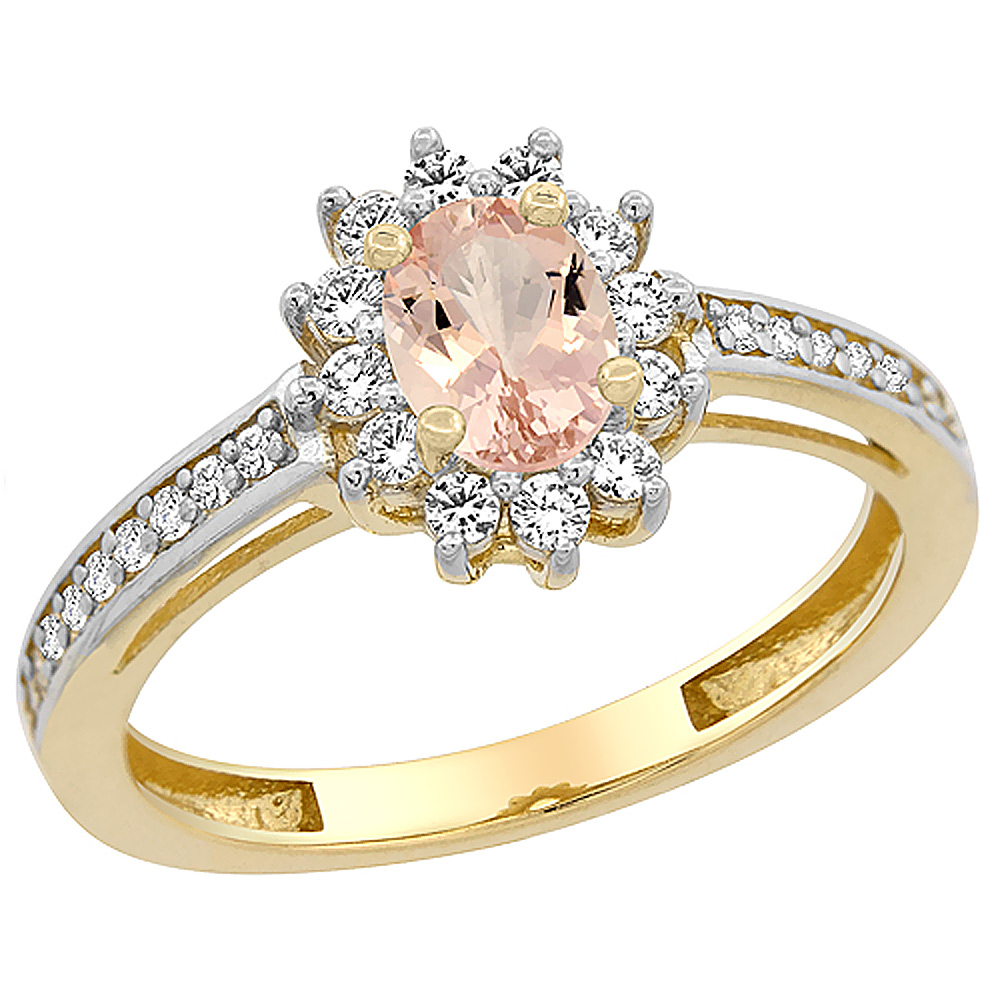 14K Yellow Gold Natural Morganite Flower Halo Ring Oval 6x4mm Diamond Accents, sizes 5 - 10