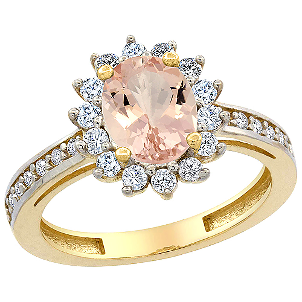 10K Yellow Gold Natural Morganite Floral Halo Ring Oval 8x6mm Diamond Accents, sizes 5 - 10