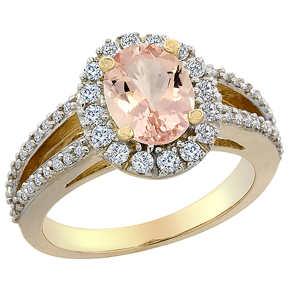 10K Yellow Gold Natural Morganite Halo Ring Oval 8x6 mm with Diamond Accents, sizes 5 - 10