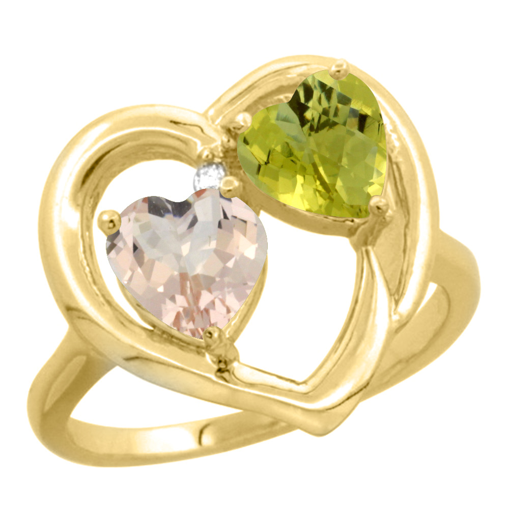 10K Yellow Gold Diamond Two-stone Heart Ring 6mm Natural Morganite &amp; Lemon Quartz, sizes 5-10